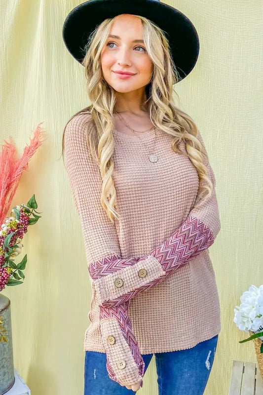 And The Why Button Detail Printed Sleeve Waffle Knit Top 85d0a7b4707d412692df27662e7e0eb2-Max-Origin