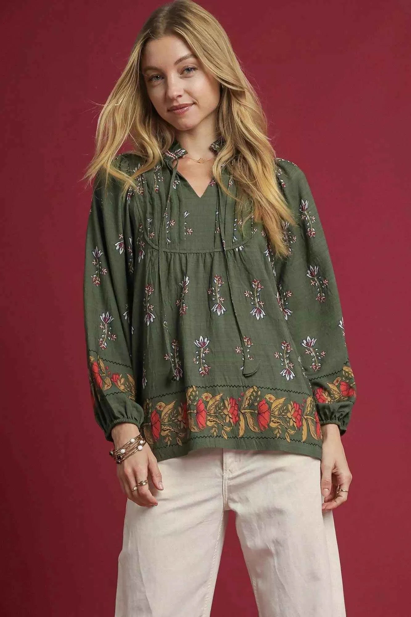 Umgee Floral Boho Peasant Blouse FOREST GREEN 85d0b079-c4a5-4ab0-a9d7-8f981b622d6b-Max-Origin