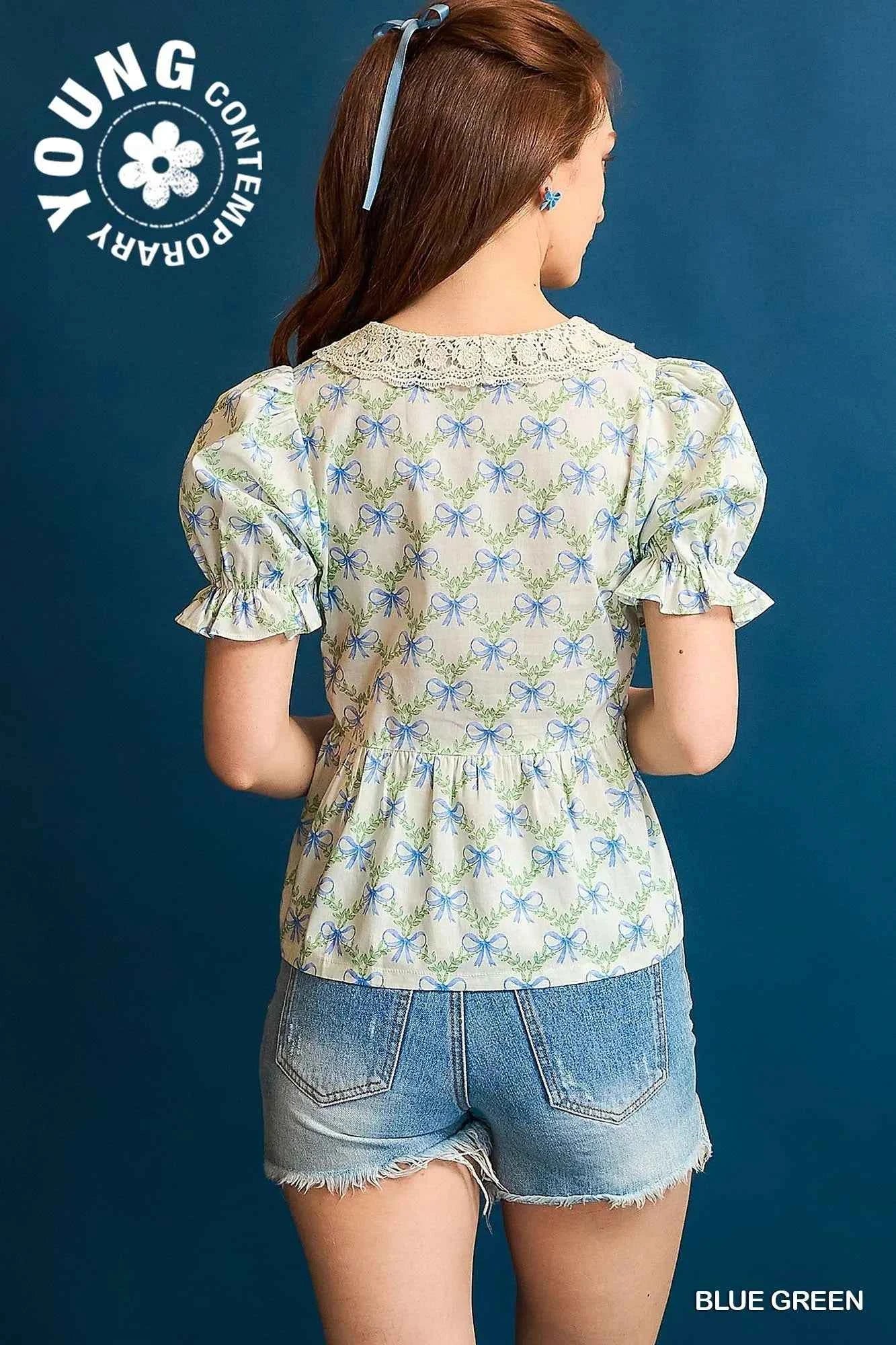 Umgee Lace Detail Bow Print Flounce Sleeve Blouse 85d90316-4b02-4318-a846-3cb583aee7e6-Max-Origin