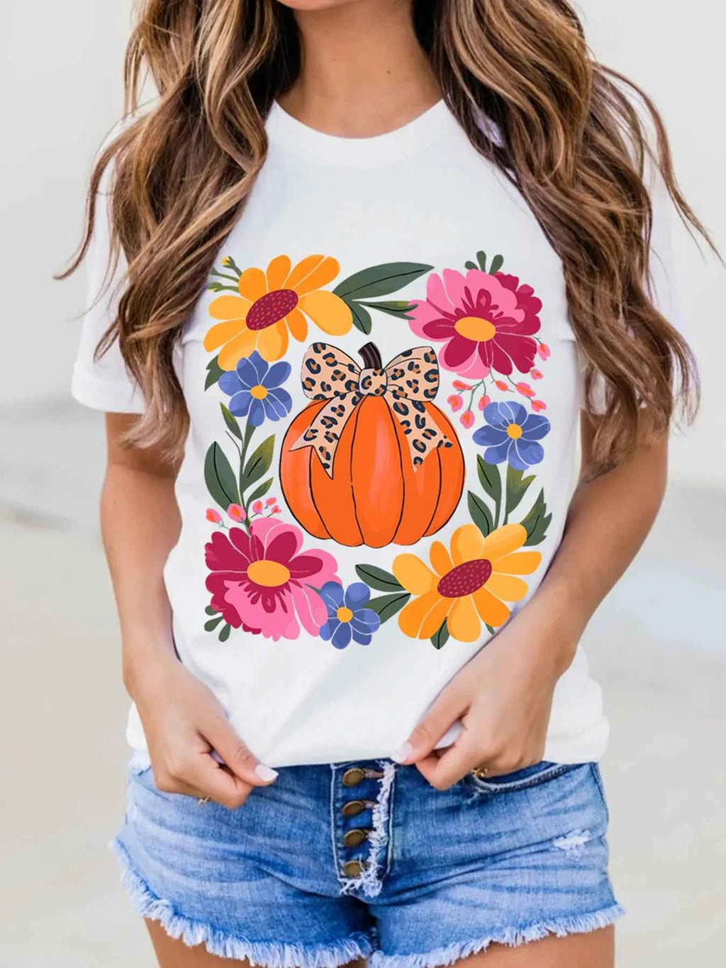 Pumpkin Floral Graphic Round Neck T-Shirt 85e40510ab494e1a8c161a7caa6bdb0b-Max-Origin