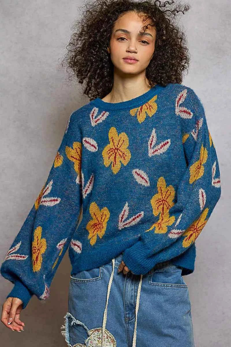 POL Floral Pattern Round Neck Balloon Sleeve Sweater 85e6e9f0-f205-42f6-a04a-82c484287df6-Max-Origin