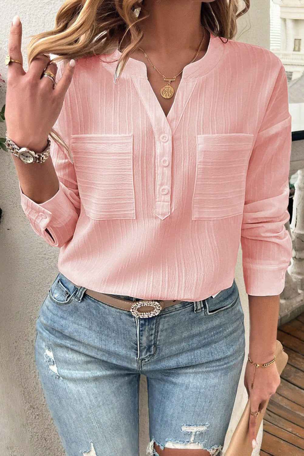 Gossamer Pink Split V-neck Solid Color Blouse Gossamer Pink 85eb55b3d7cdfb6f