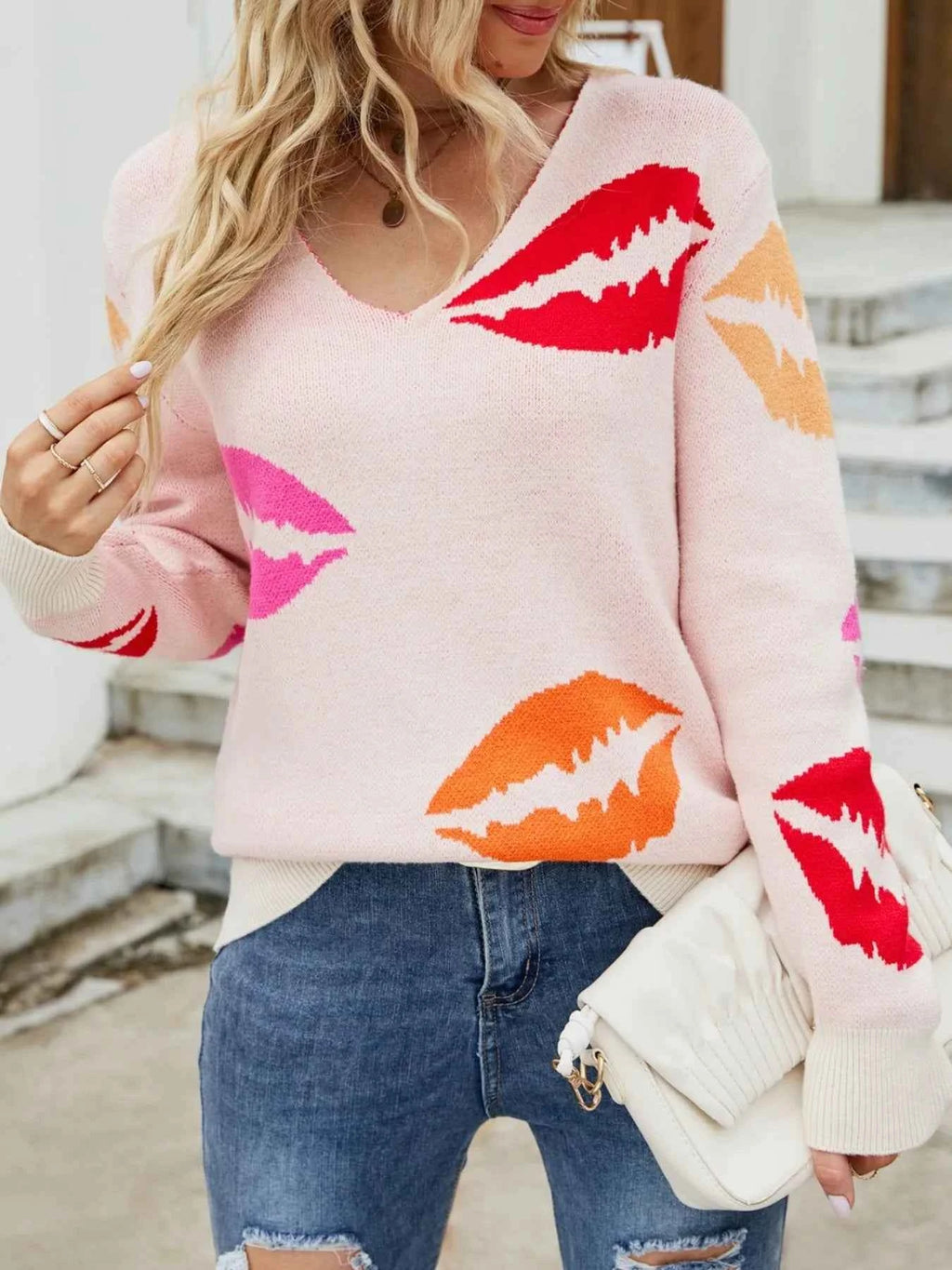 Colorful Lips V-Neck Sweater Blush Pink 8602f459-0c66-4fdc-a9f5-05fc4954b539-Max-Origin