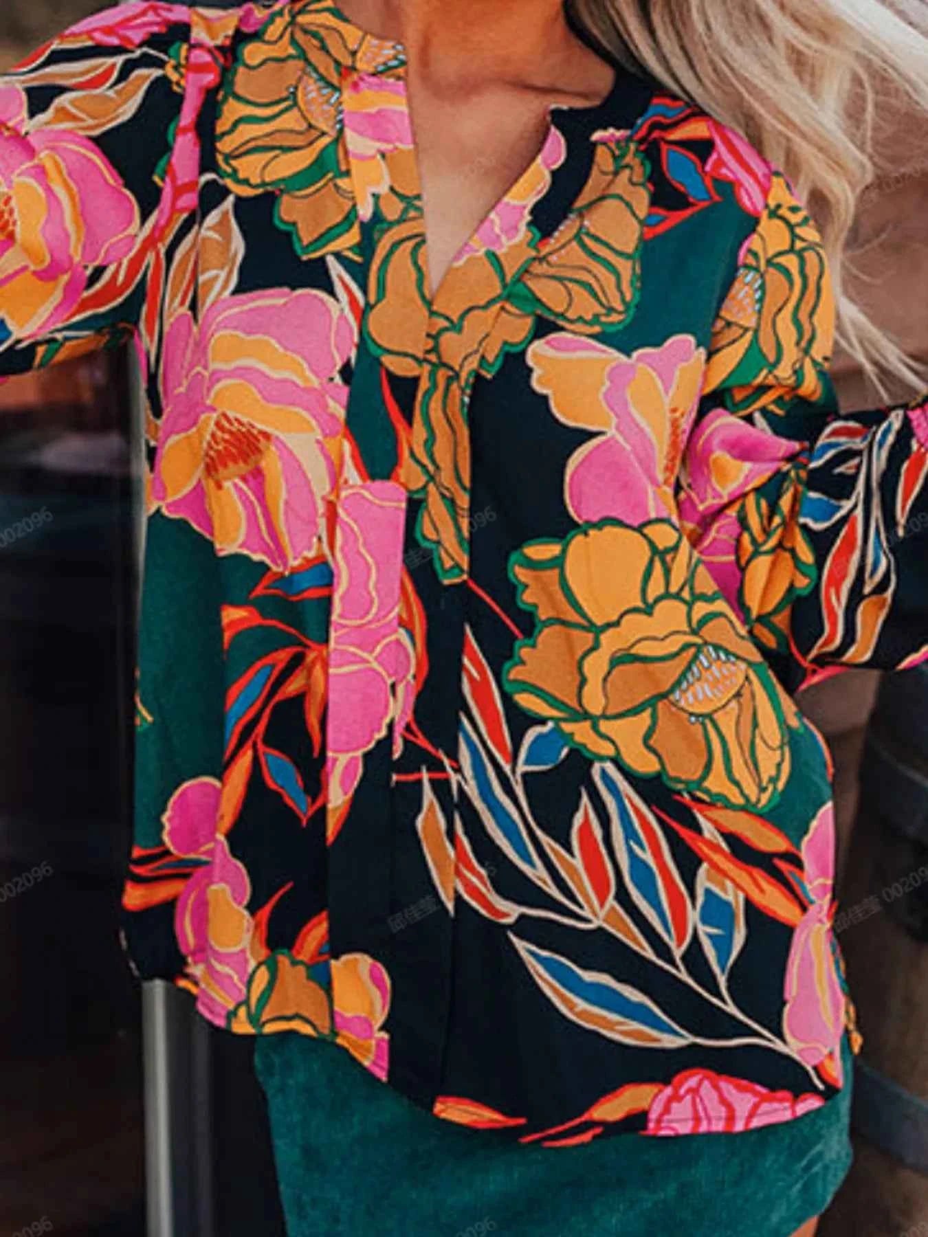 Floral Print Smocked Cuffs Puff Sleeve Blouse Floral 86055ade57b4479792b670cd6588bb5f-Max-Origin