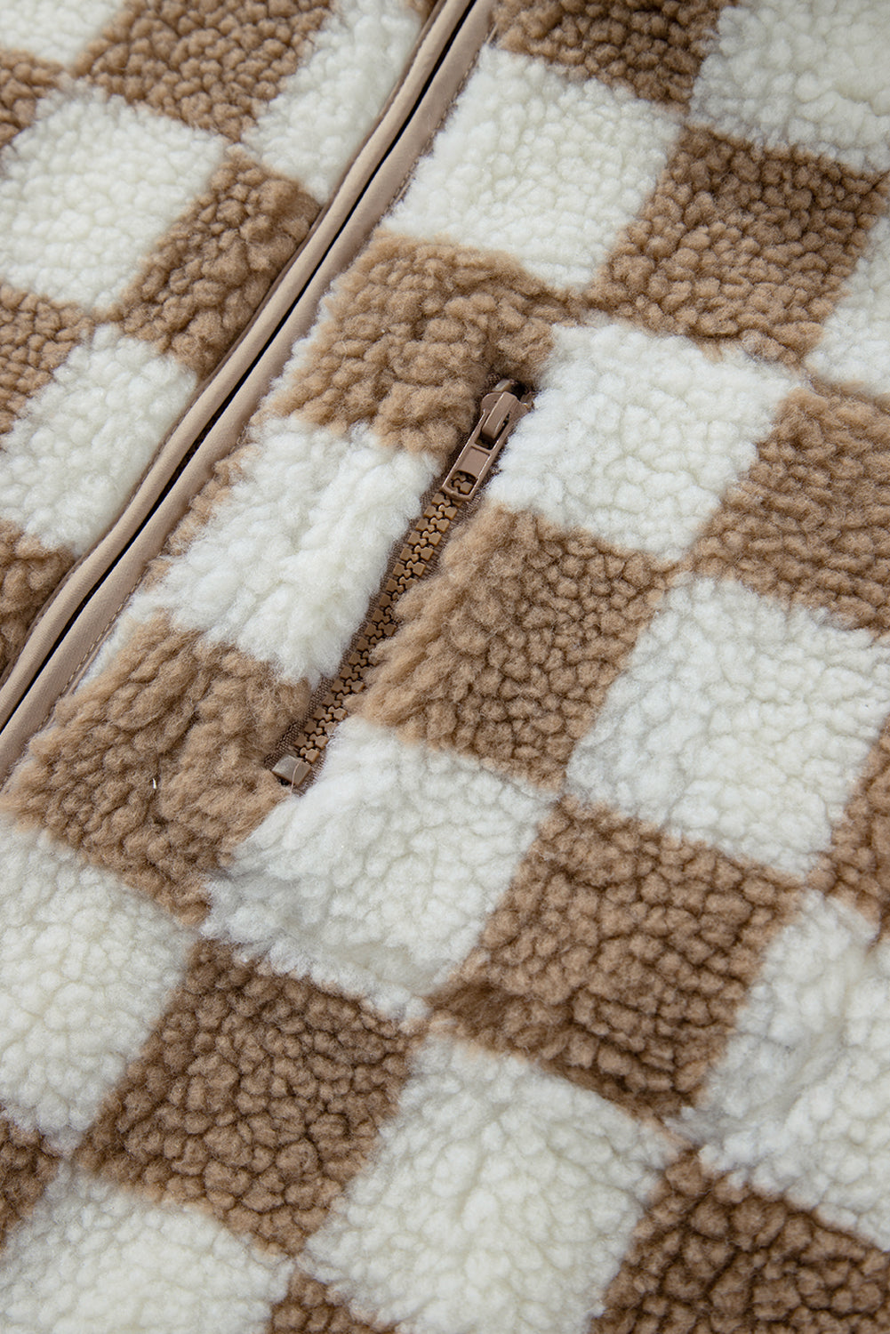 Khaki Checkered Sherpa Collared Jacket Vest 860a534524b466de