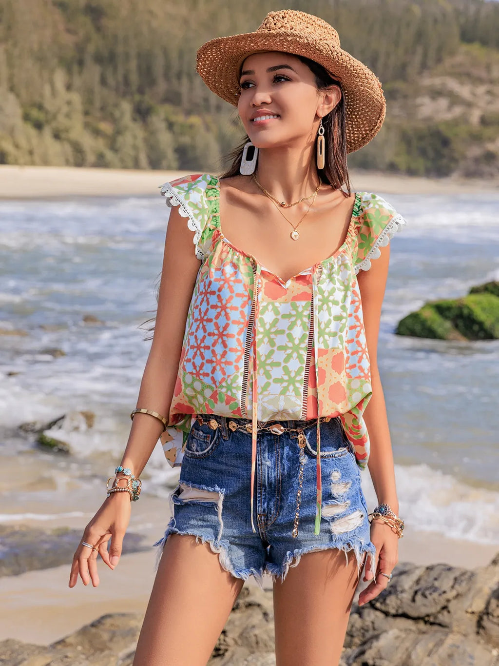 Lace Detail Printed Tie Neck Cap Sleeve Blouse 860f514c-caff-477d-9957-18968beaddf9-Max-Origin