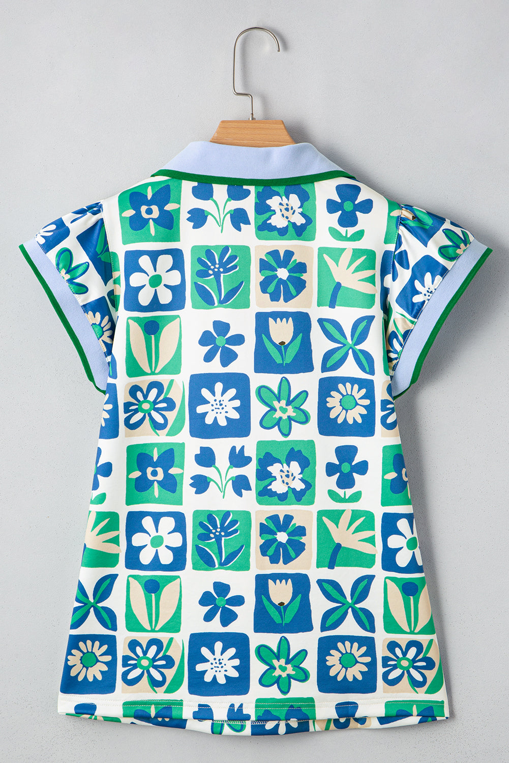 Green Floral Plaid Colorblock Flutter Sleeve Blouse 8615d96c124bc5c8