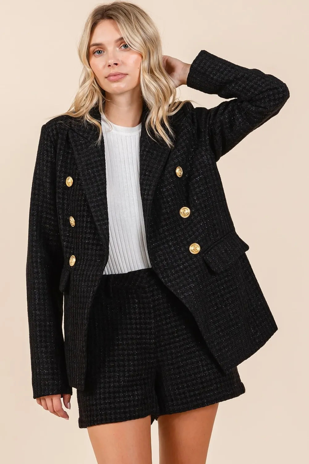Mittoshop Plaid Texture Double-Breasted Long Sleeve Blazer 863927f6-445b-4777-8a1a-e029c91938b9-Max