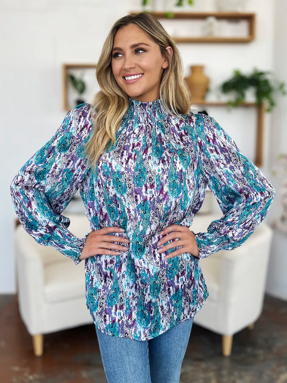 Double Take Full Size Printed Smocked Long Sleeve Blouse 863daad2-8525-4b40-8587-1b2abc8ce1fe-Max