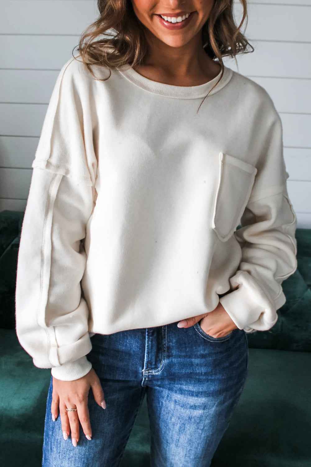 White Solid Color Drop Sleeve Pullover Sweatshirt White 100%Polyester 863fb5324ac4eedb