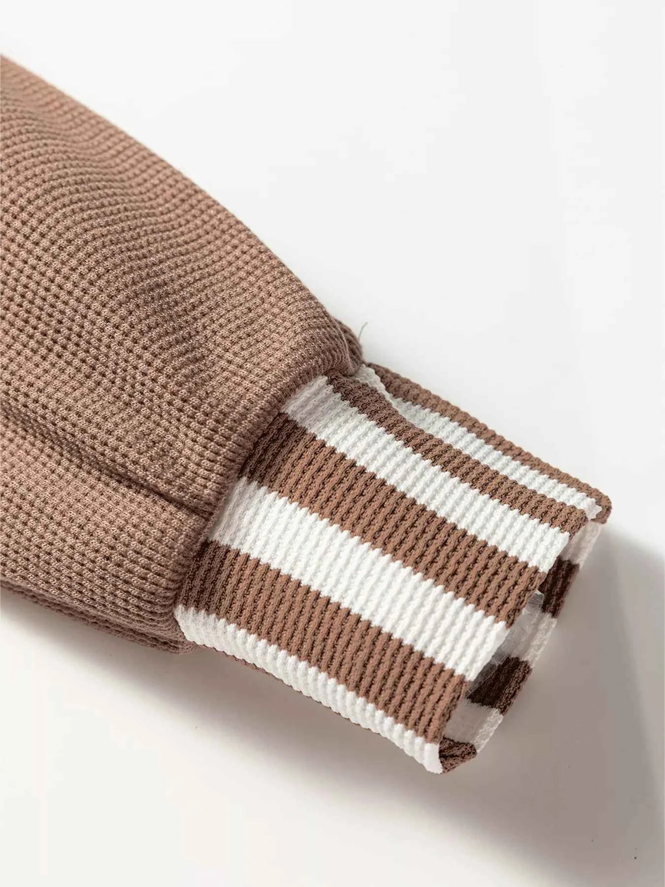Waffle Texture Striped Patchwork Button Neck Drawstring Hoodie 864d67fd0ebc46da9b92e8f1d119a4a6-Max-Origin