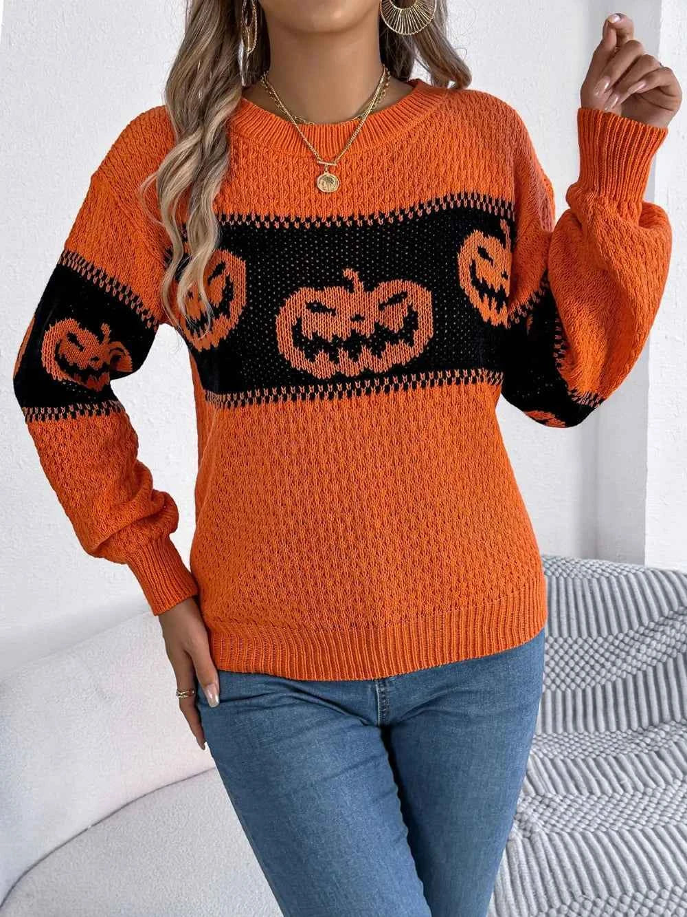 Pumpkin Round Neck Long Sleeve Sweater 86509da4-ba81-4ed0-b3e7-f169ab4fdd2a-Max