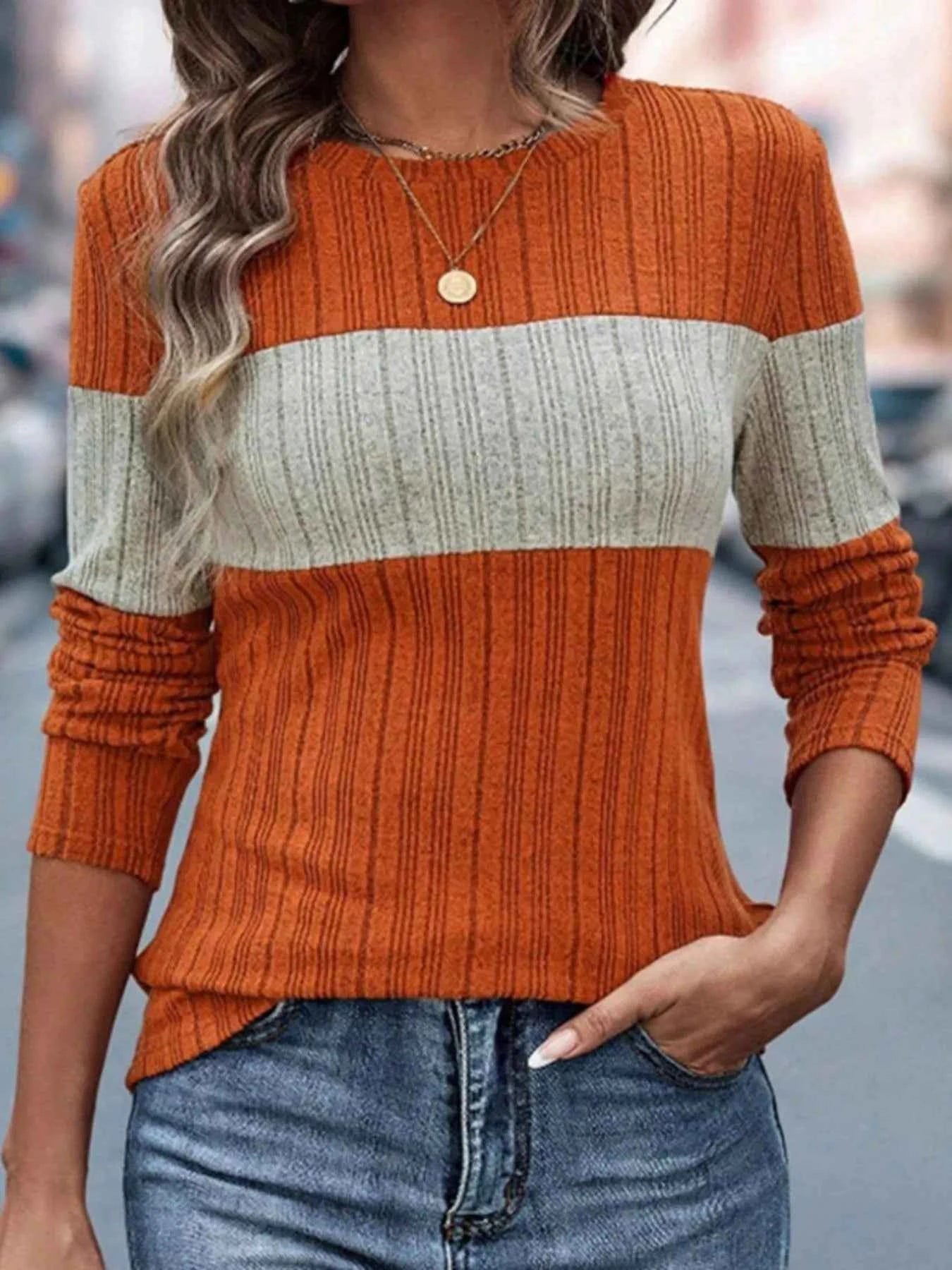 Color Block Round Neck Long Sleeve Sweater Orange 86636694-338d-4787-822d-5772955ff758-Max-Origin
