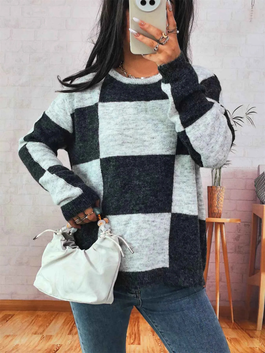 Color Block Round Neck Sweater Dark Gray One Size 866cd7c9cba441508d1a68577e1eef4d-Max-Origin