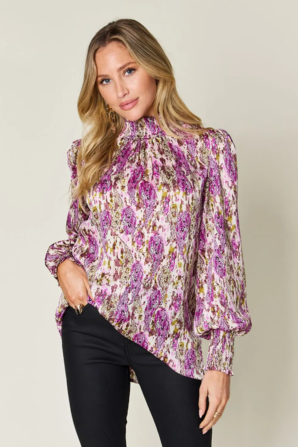 Double Take Full Size Printed Smocked Long Sleeve Blouse Red-Violet 8672e233-2e39-482e-8e0b-7551bf3258ce-Max