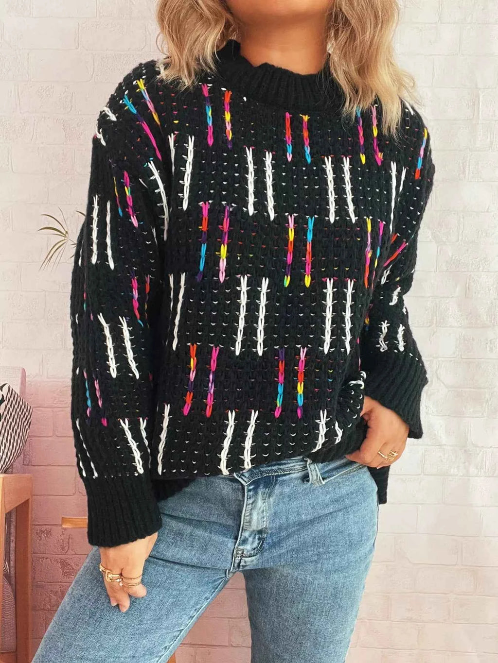 Colorful Round Neck Long Sleeve Sweater 86783a6d47974704b9b3a6daa8771468-Max-Origin