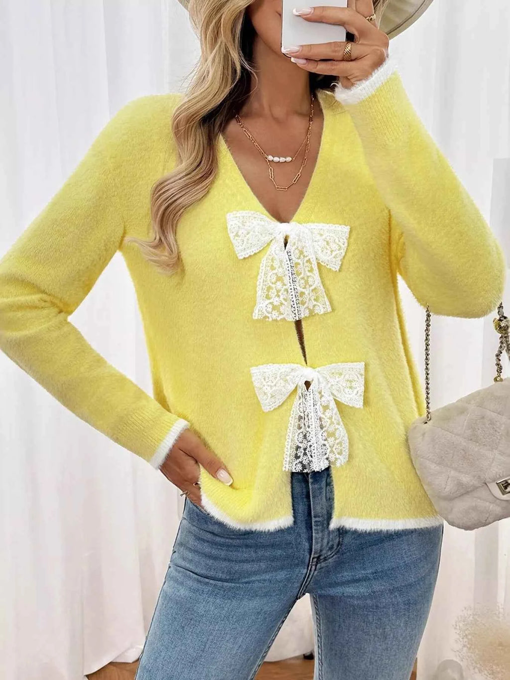 Lace Bow-Tie Front Long Sleeve Cardigan Yellow 867928f2e8dc495487a08120e4668057-Max-Origin