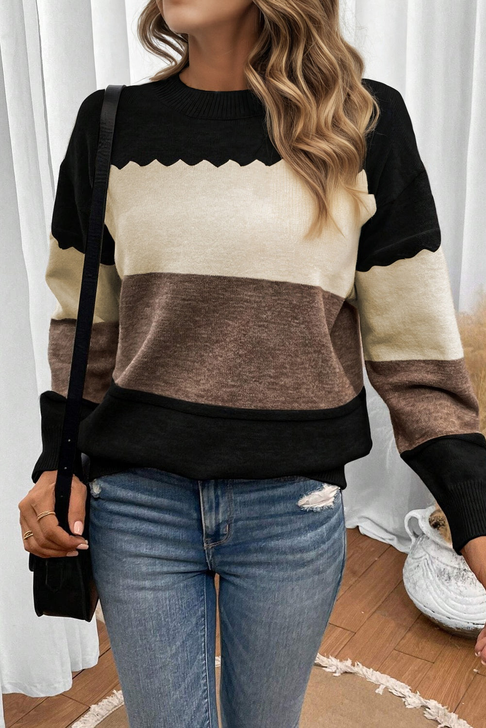 Black Colorblock Crew Neck Drop Shoulder Sweater 868b2563f608787c