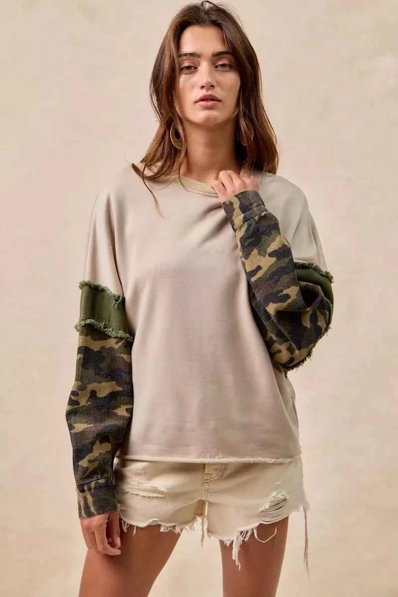 BiBi Camo Sleeve French Terry Top with Frayed Edge 8693ea1927e74cf7ba3a86c9f2591023-Max-Origin