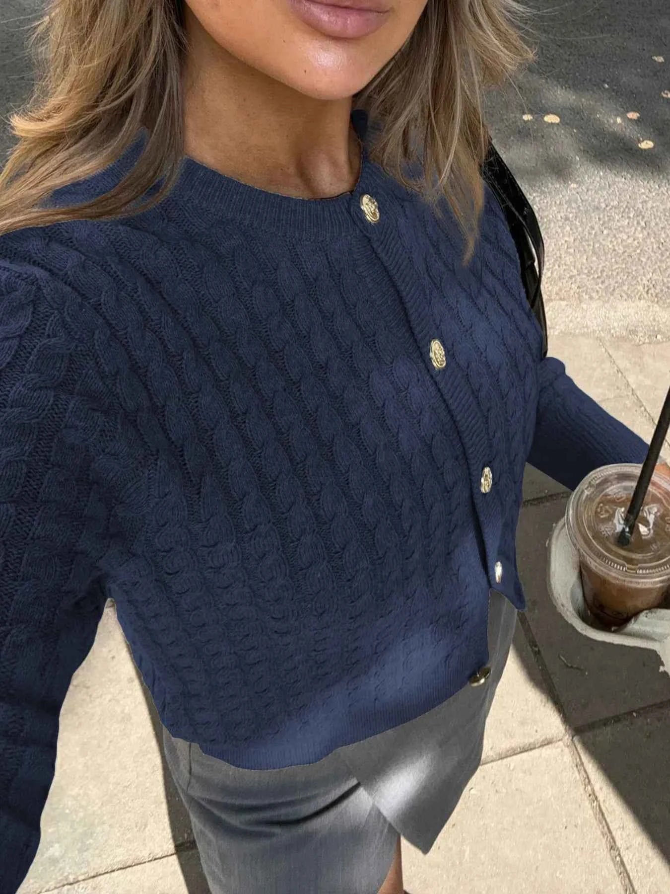 Cable Knit Button-Up Cardigan Dark Blue 869c841336194e85868447b05eb08f0b-Max-Origin