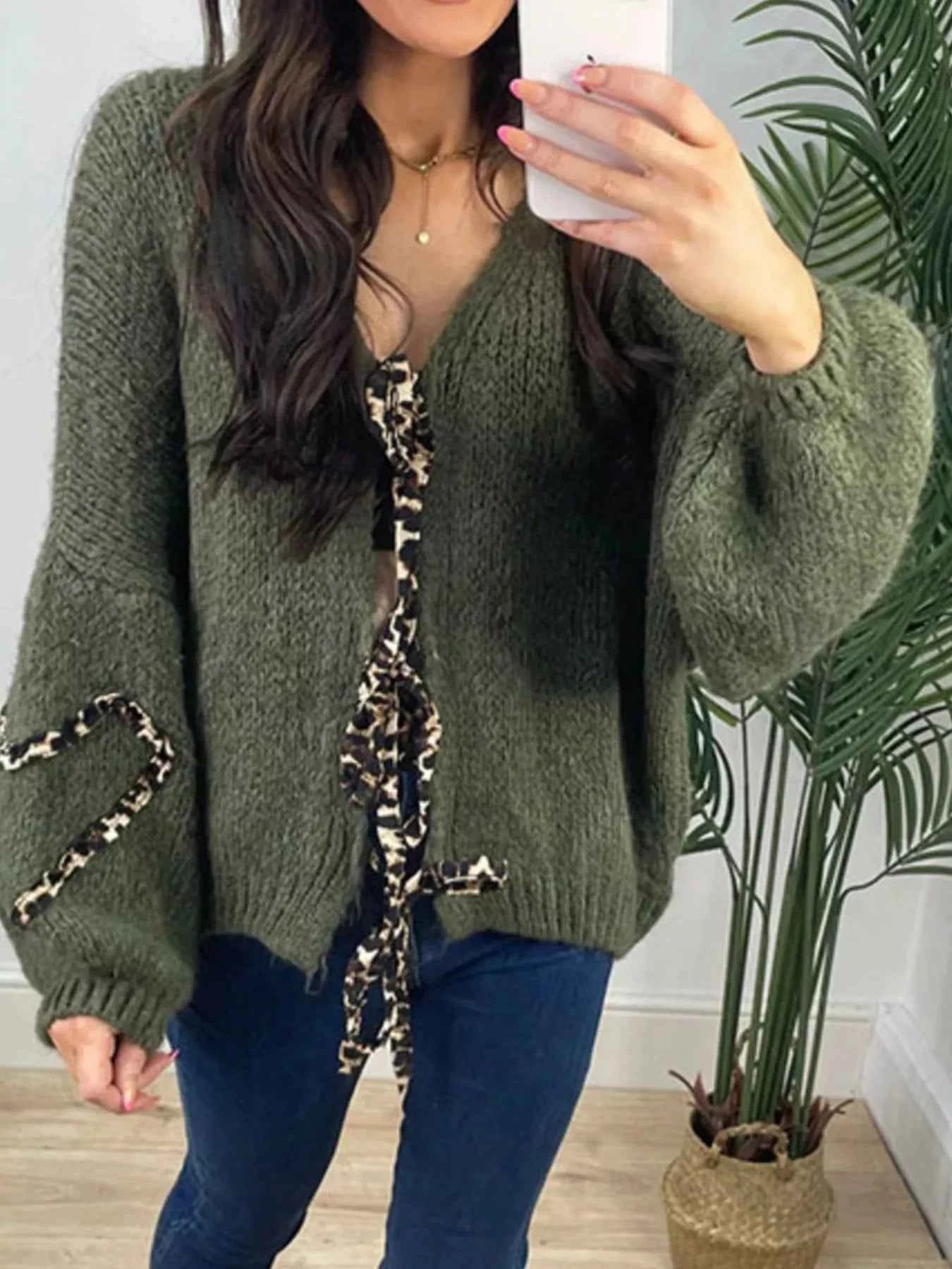 Tie Front Long Sleeve Sweater Military Green 86a1793c-69bb-4645-bb29-6e2b1770749a-Max-Origin