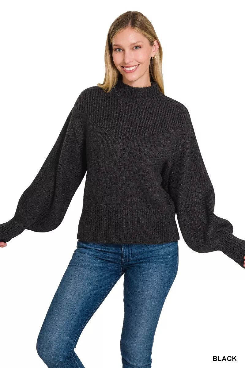Zenana Balloon Sleeve Mock Neck Sweater 86b88da2996c4e5184a7ece987032b70-Max-Origin