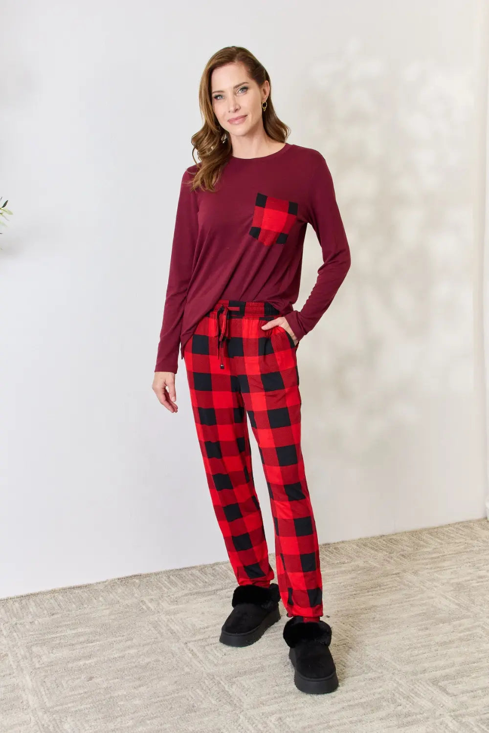 Zenana Full Size Plaid Round Neck Top and Pants Pajama Set 86bbf4baed4c441aac4c27293d2a25e1-Max