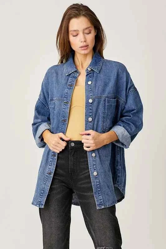 RISEN Button Up Drop Shoulder Denim Shacket Medium 86bedb00-1884-44f2-8967-31745728df4e-Max