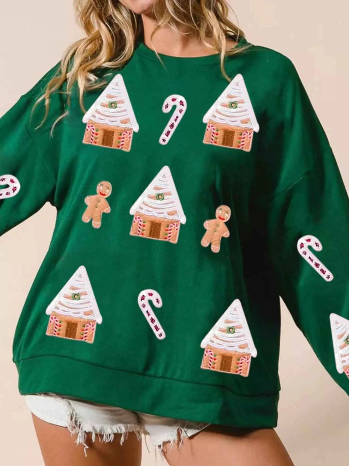 Christmas Gingerbread House Sequin Sweatshirt Green 86d2b814-ce5d-4d27-8847-958468101c05-Max-Origin