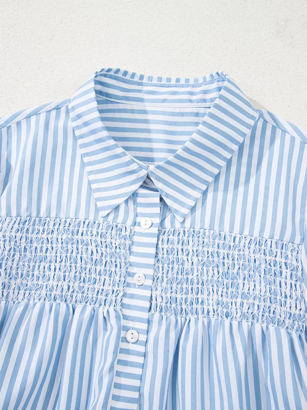Stripe Shirred Detail Half Placket Collared Long Sleeve Shirt 86d48dde91d44edaa07d974652e9fc75-Max-Origin