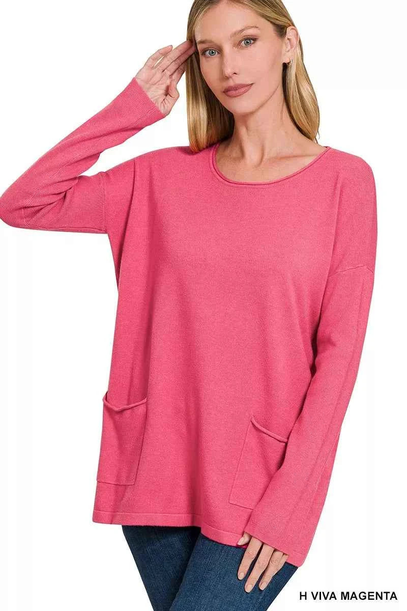 Zenana Viscose Long Sleeve Front Pockets Sweater H VIVA MAGENTA 86dcbd2ccf40456da3af6be9b257c7c1-Max-Origin
