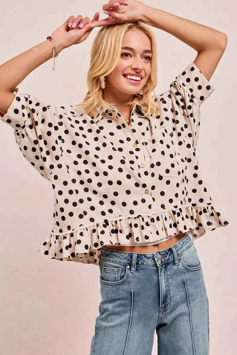 BiBi Polka Dot Printed Peplum Top with Front Button 86f517acb880440586a323074b74fbd6-Max-Origin