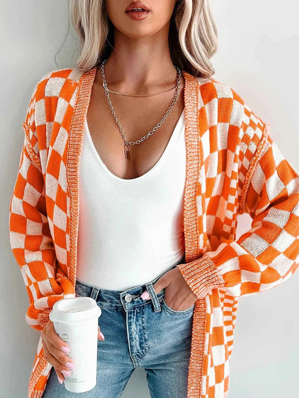 Checkered Pattern Open Front Cardigan Tangerine 870bee83-4c3e-48ef-b118-252da85bba19-Max-Origin