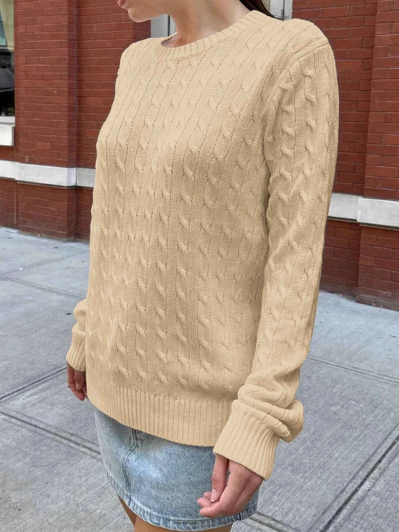 Cable-Knit Round Neck Pullover Sweater Khaki 870e01e04f19404d87a59506563ed63a-Max-Origin