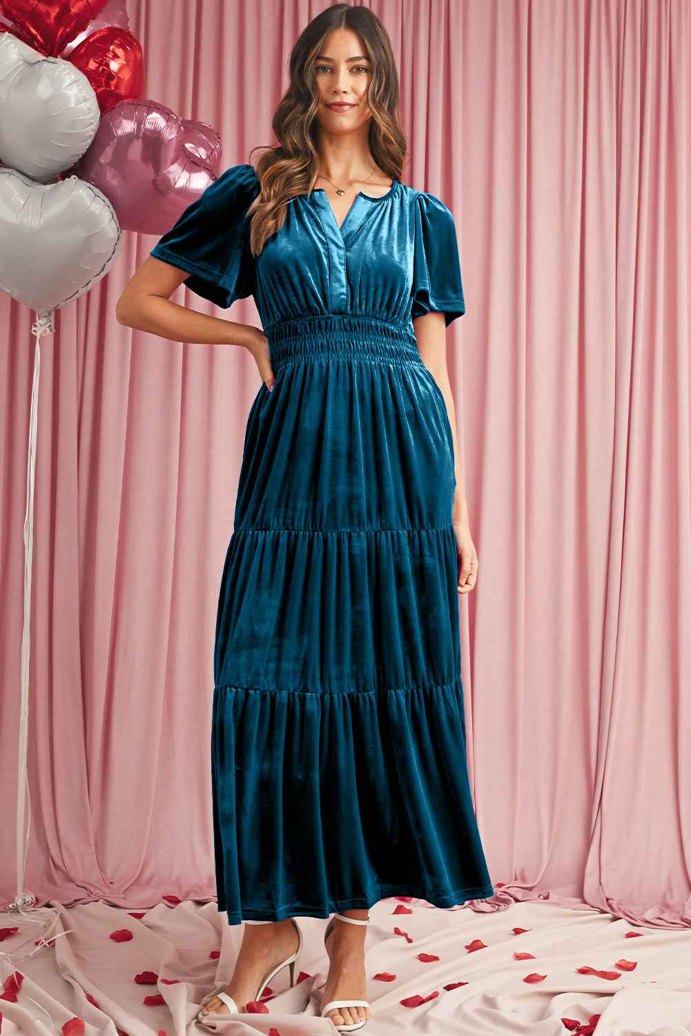 Prussian Blue Velvet Short Sleeve Shirred Waist Tiered Maxi Dress 8715cedba2b09c37