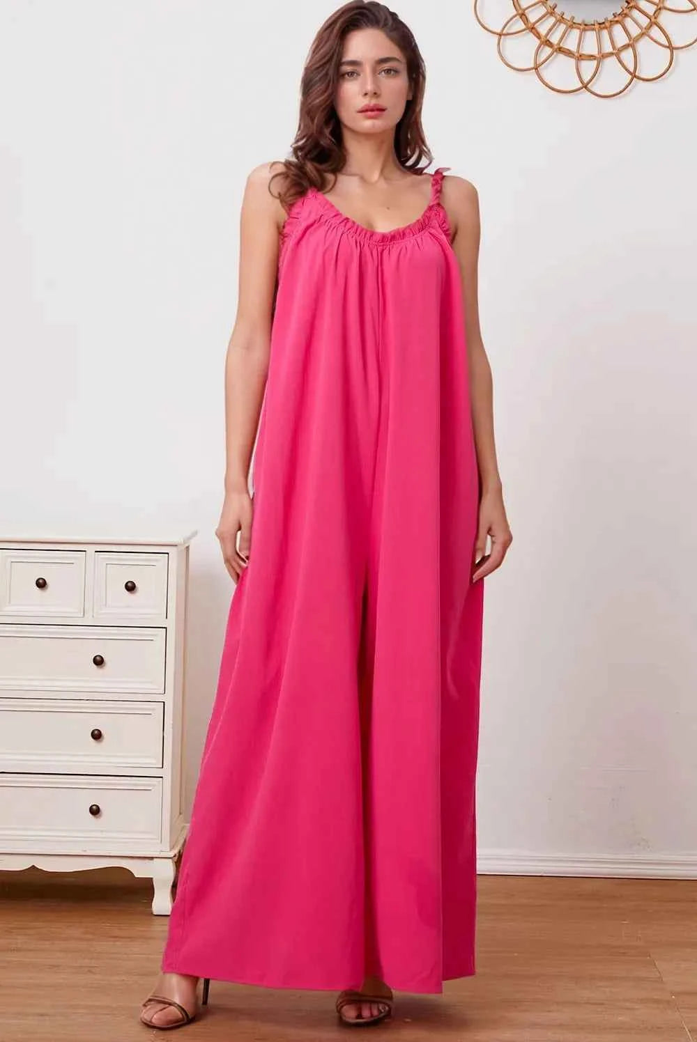 Double Take Full Size Ruffle Trim Tie Back Cami Jumpsuit with Pockets Hot Pink 87190f45-c98a-4f9f-9aff-3246db61f157-Max