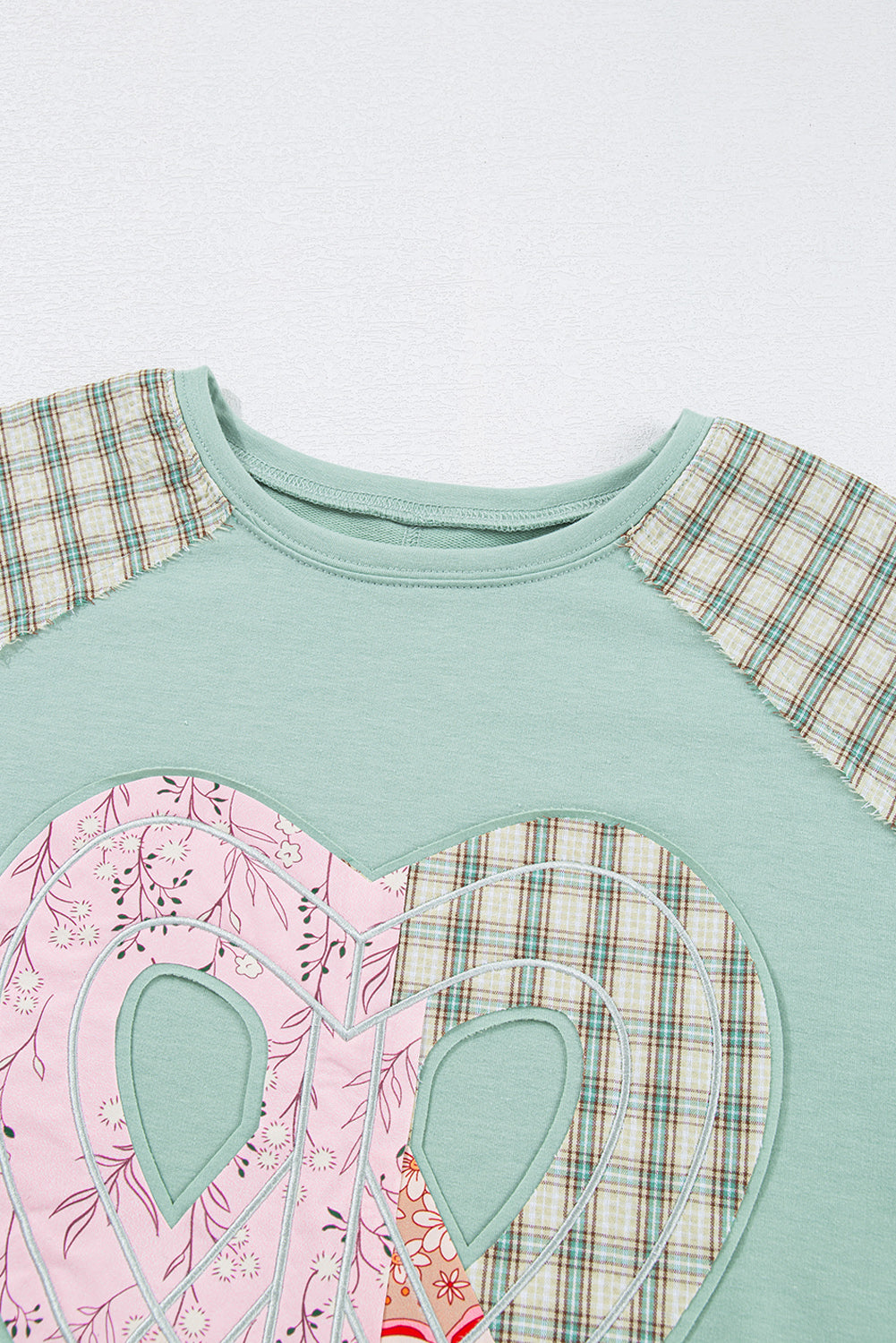 Aqua Plaid Floral Patchwork Heart Long Sleeve Top 872fad92feffc409