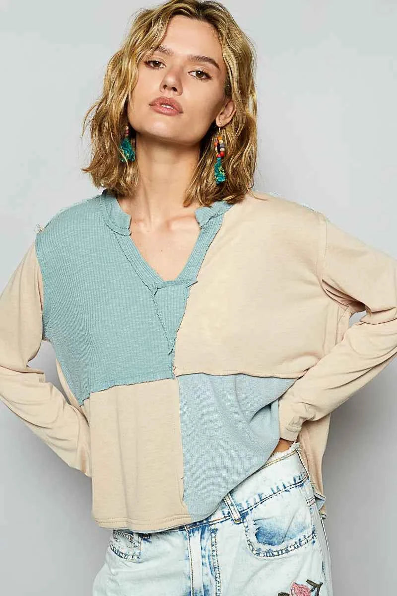 POL Color Block Notched Long Sleeve T-Shirt Pastel Blue 87302d6d-cf51-4cbd-a9fc-9f79be7474fd-Max-Origin