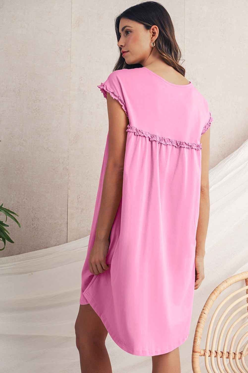 Mint Green Frilled Trim Crewneck Loose Fit Mini Dress 8743ddd037ce6bcc