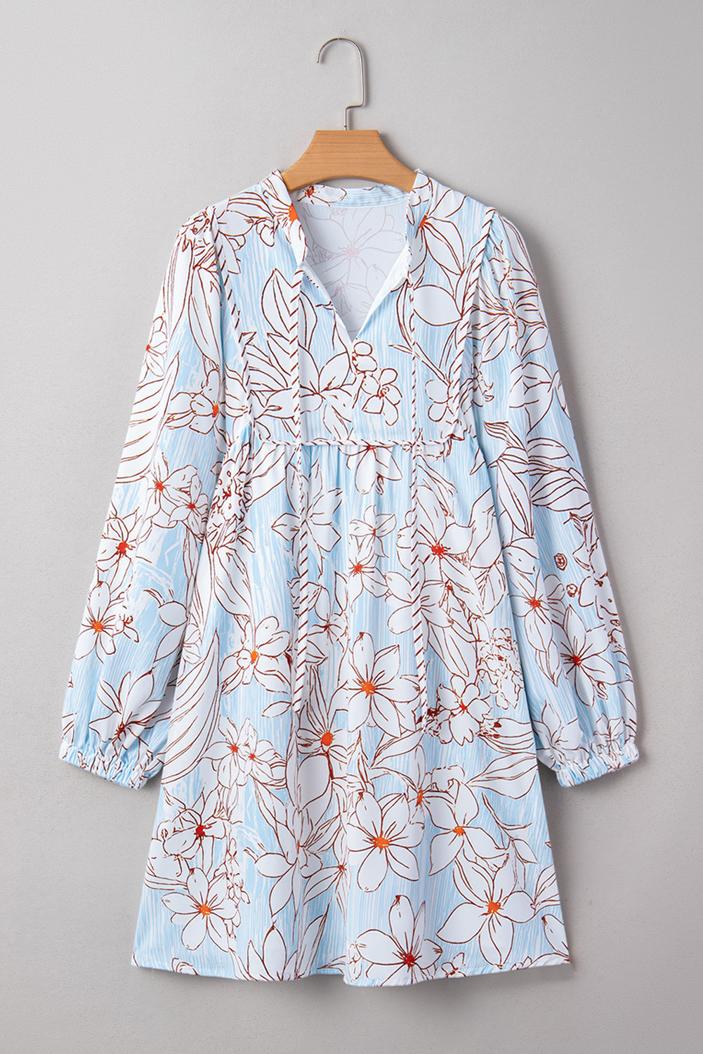Brown Floral Print Tie Neck Long Sleeve Mini Dress 875344b9630ece99