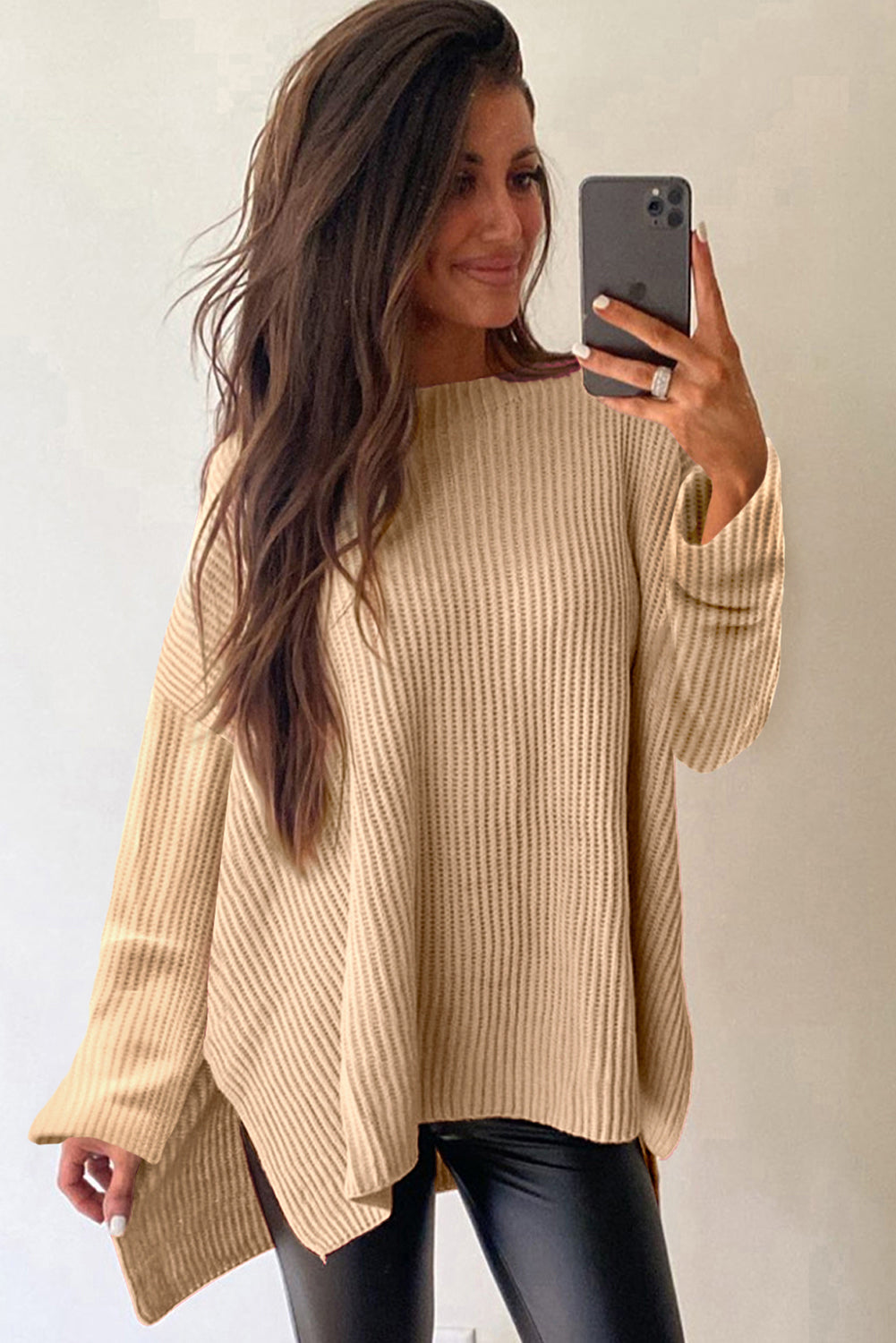 Apricot Plain Side Slits Oversized Sweater 8757d802278dae2e