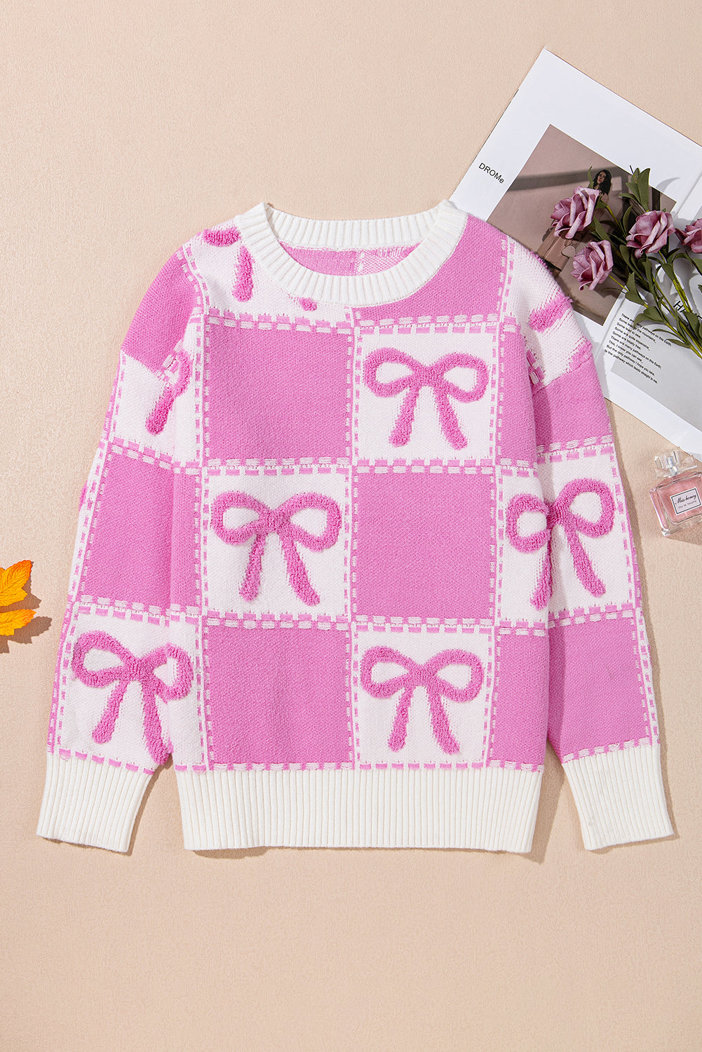 Pink Sweet Bow Two Tone Checkered Sweater 87591dfef4fd9330