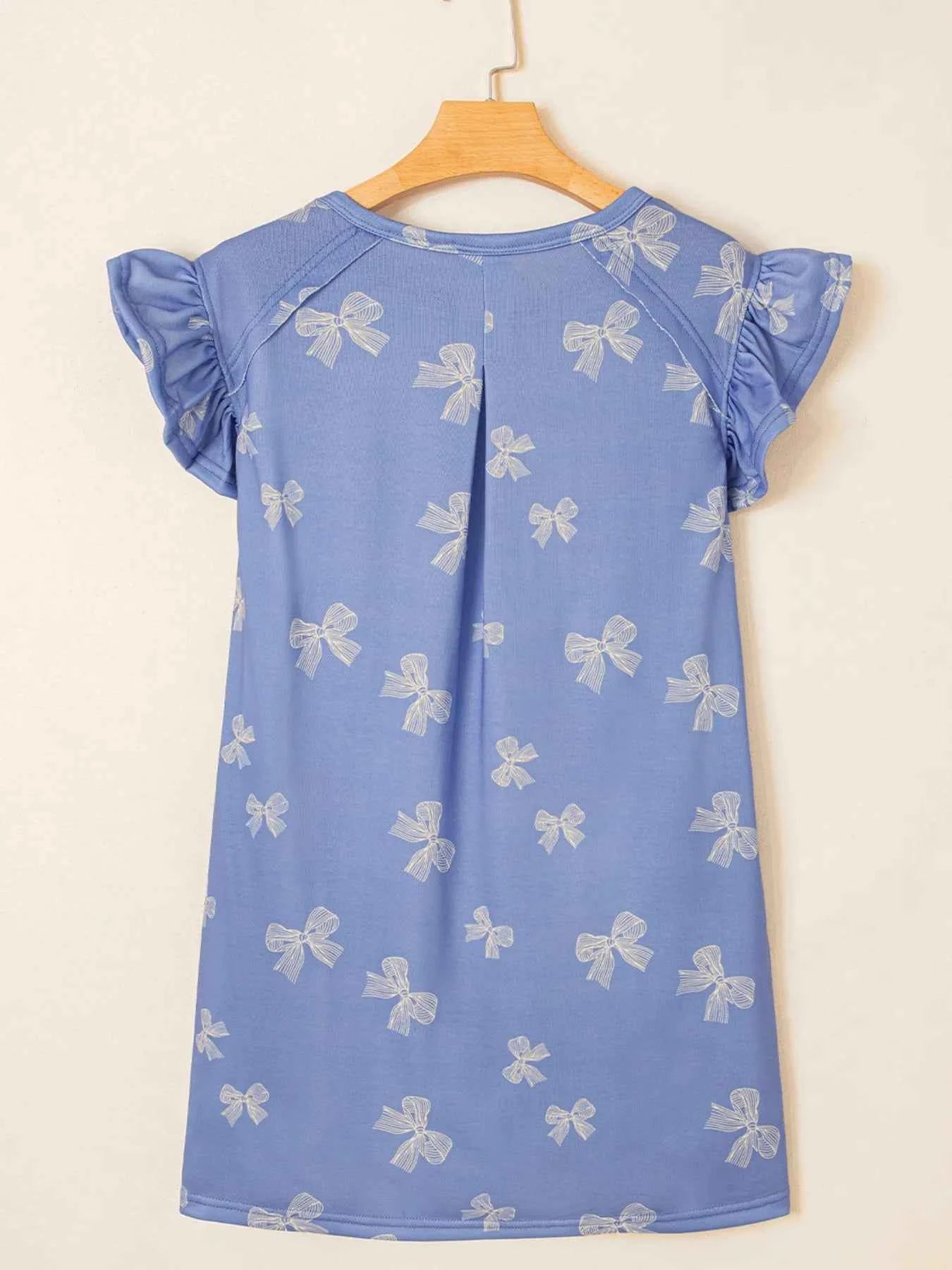 Bow Knot Print Crewneck Ruffled Sleeve Shift Mini Dress 876436590043482893b2fb65c3068452-Max-Origin