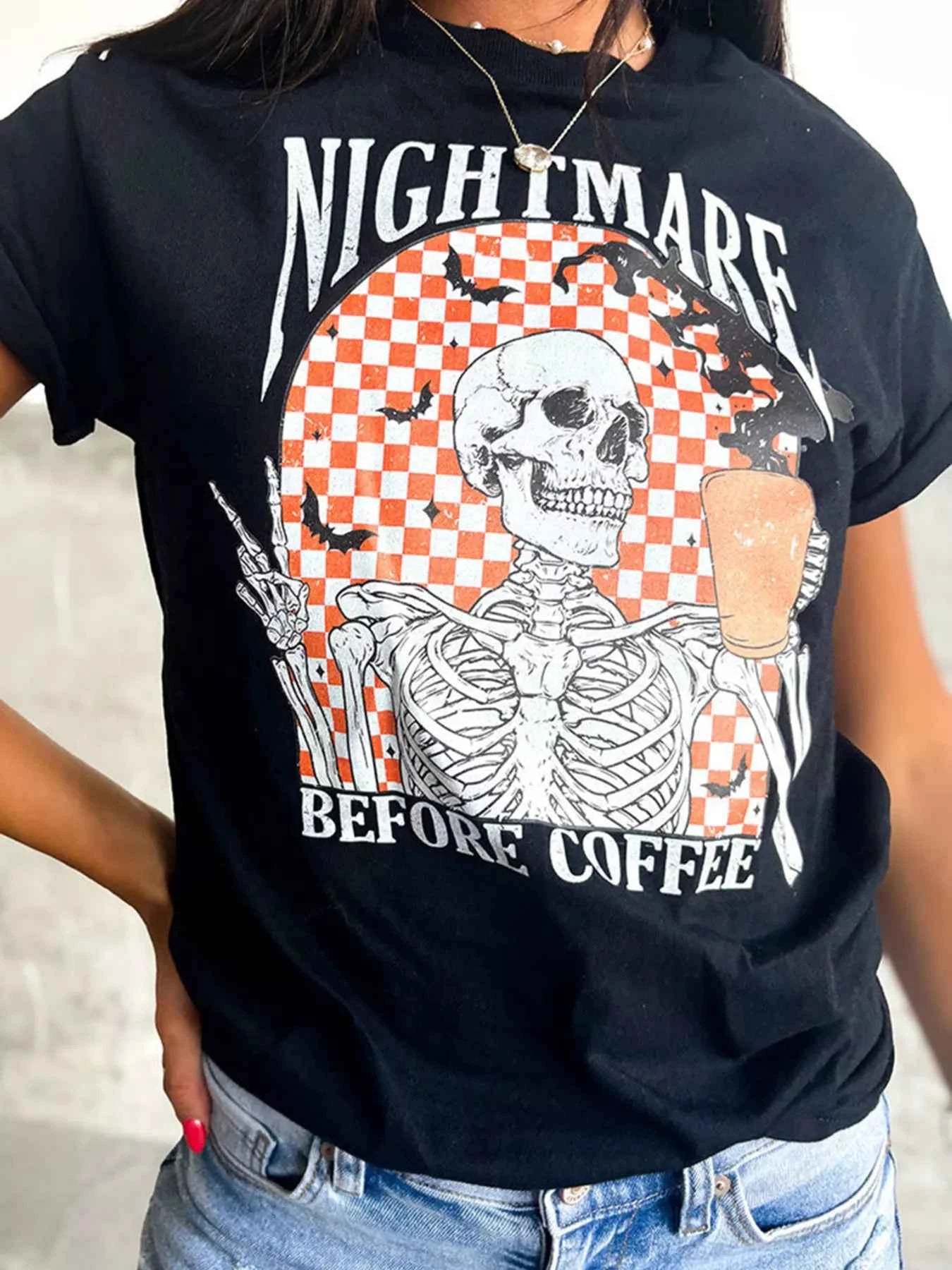 Halloween Skull Checkerboard Graphic Round Neck Tee 8764844ff2774effb5200400195eef4f-Max-Origin