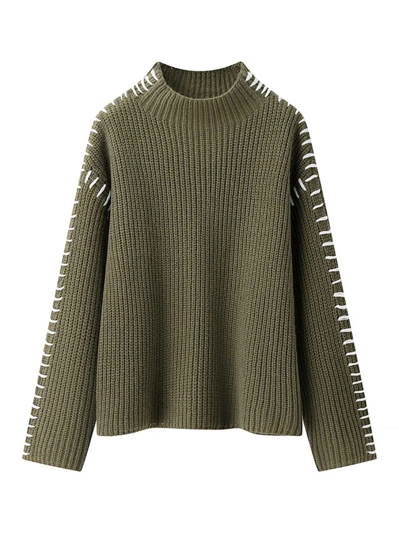 Contrast Mock Neck Long Sleeve Sweater Army Green 876f204855544787b6618829c31cda8b-Max-Origin