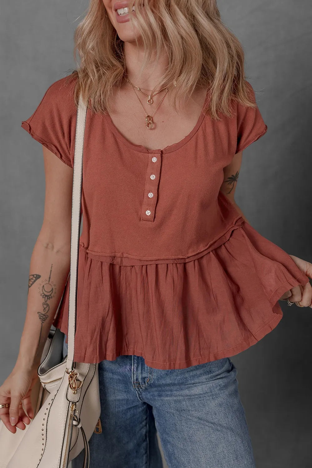 Short Sleeve U Neck Buttons Splicing Ruffle Blouse 8772cef6-b8bc-4283-b901-2b955b3ab0cf-Max-Origin