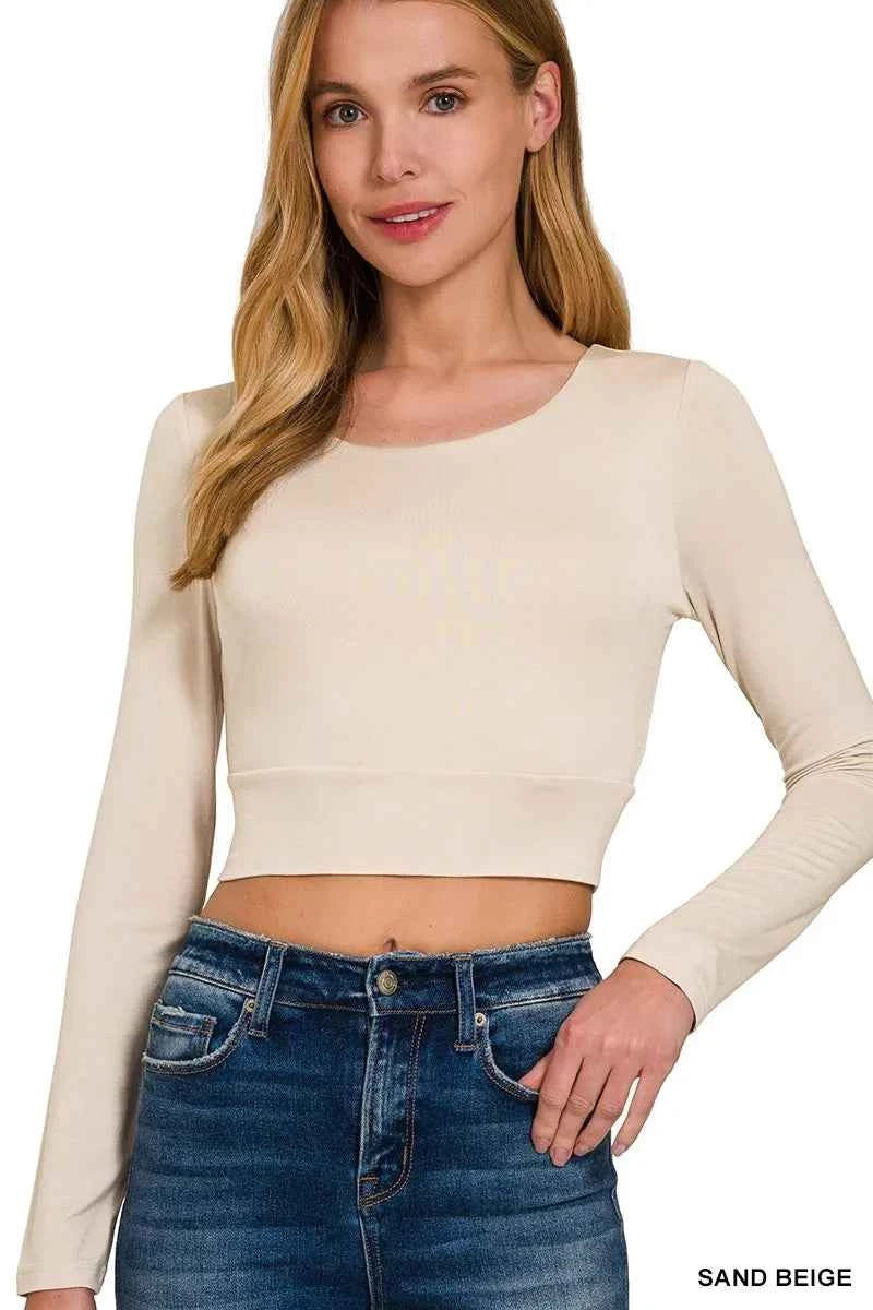 Zenana Double Layered Long Sleeve Cropped Round Neck T-Shirt SAND BEIGE 8778df1fb28a4ced9da4c6581f174591-Max-Origin
