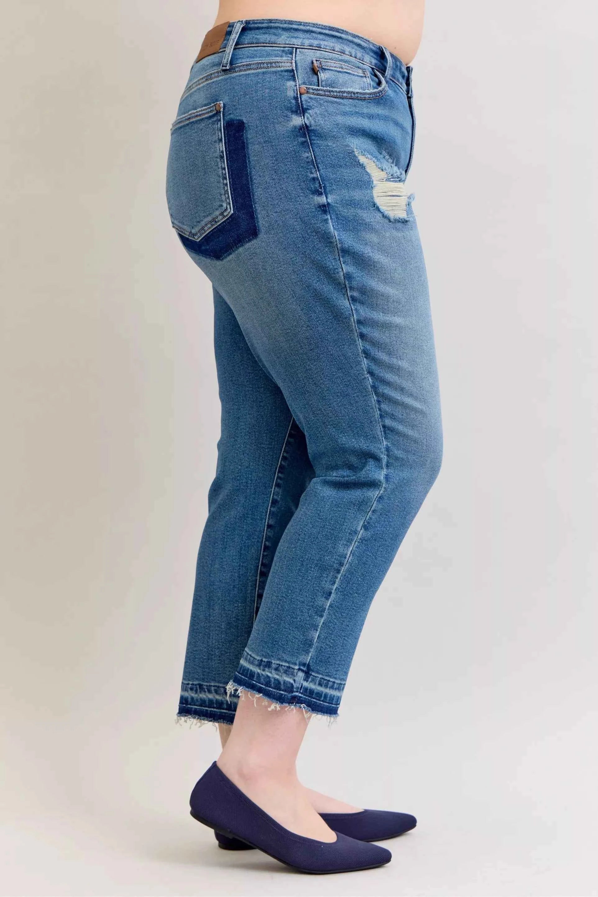 Judy Blue Full Size Mid Rise Bf Patch & Repair Destroy Release Hem Jeans Plus Size 87796ef0-7e17-4641-94b9-ab396337662b-Max-Origin