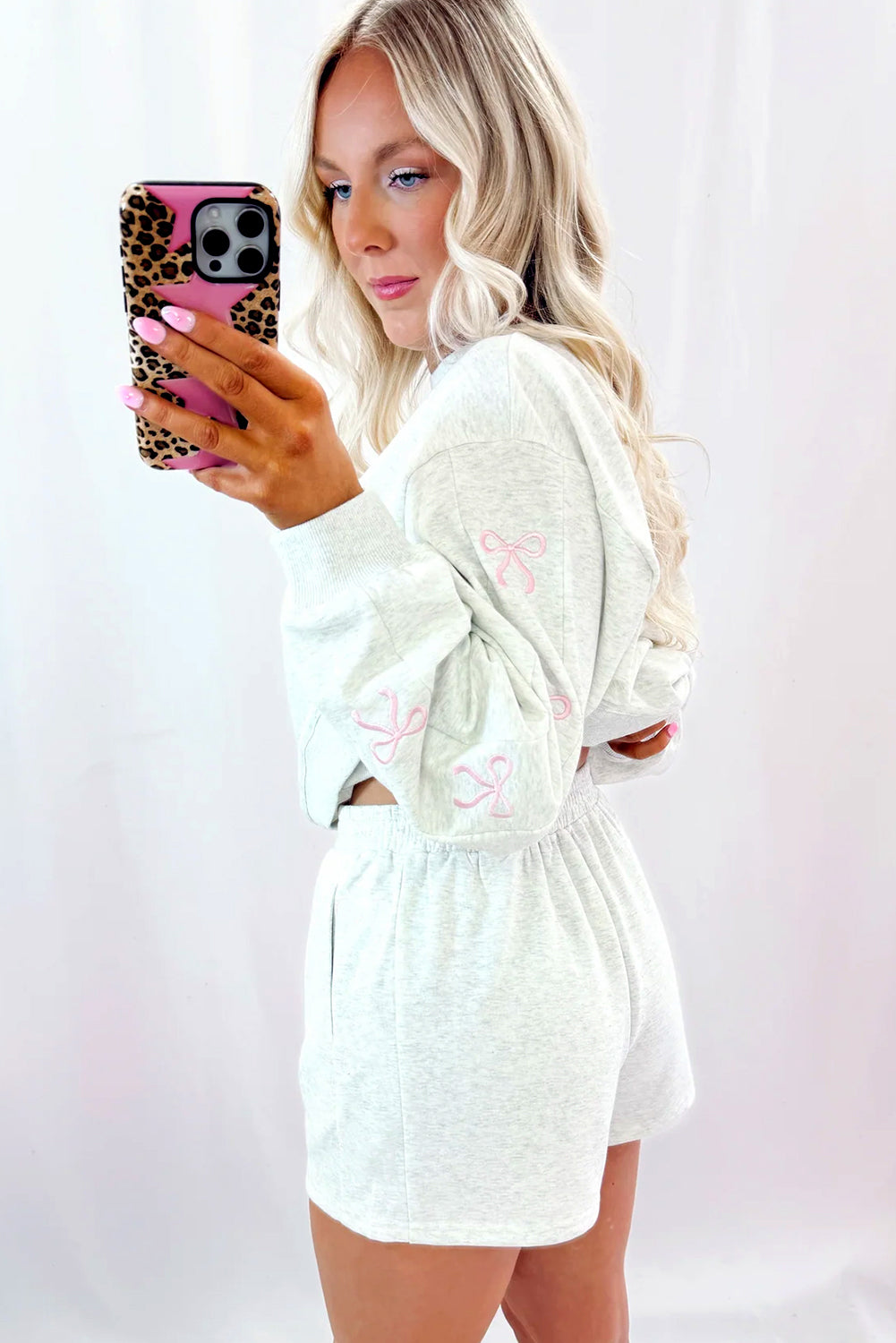 Light Grey Bow Embroidery Long Sleeve Pullover and High Waist Shorts Set 877e715c0c4a2ea7