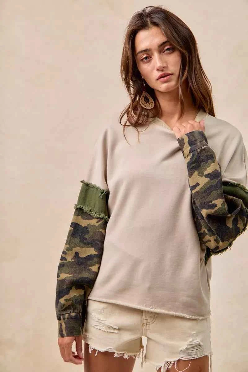 BiBi Camo Sleeve French Terry Top with Frayed Edge 8783191763a34ad38ba2d30be1b7b8b1-Max-Origin